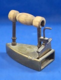 Danish box iron, brass, rare lift gate, wood handle, Ht 3 1/4
