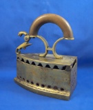 Charcoal iron, brass, wood handle, ornate latch, Ht 8 1/2