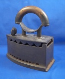 Charcoal iron, with Roman head latch, wood handle, 1800's, Ht 8 3/4