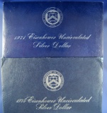 2 Uncirculated 40% Silver Eisenhower Dollars 1971-S and 1974-S in Original Blue Envelopes