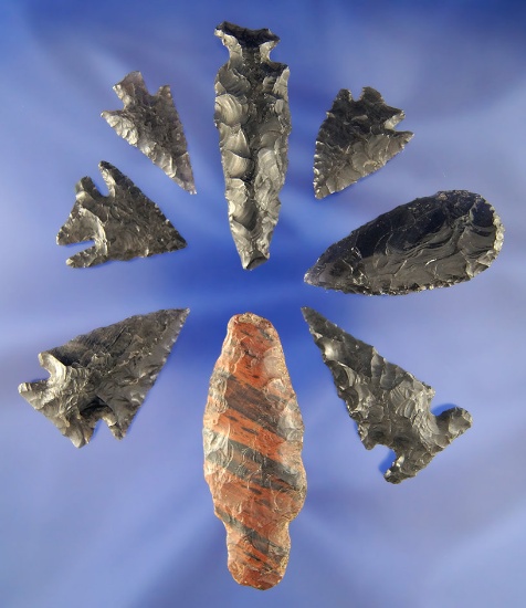 Set of eight assorted Obsidian Arrowheads found near Klamath Lake, Oregon. Largest is 3 5/8". Ex. Up