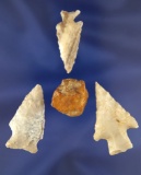 Set of three Arrowheads and one scraper found in the Midwestern US, largest is 1 13/16