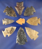 Set of nine assorted Midwestern Arrowheads in very good condition, largest is 1 15/16