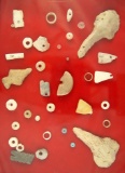 Nice assortment of flint artifacts, drilled stone and shell beads and a stone fetish. Largest is 2 3