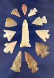 Set of 12 assorted Arrowheads found in the Midwestern US, largest is 1 1/2