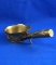 Oriental pan iron with dragon design, brass, leaf design on handle, Ht 2 3/4