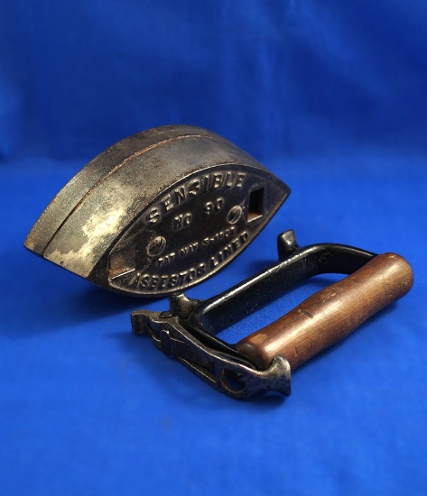 Sensible sad iron, #90, 2 piece, asbestos lined, pat. May 5, 1908, Ht 5", 6 1/2" long