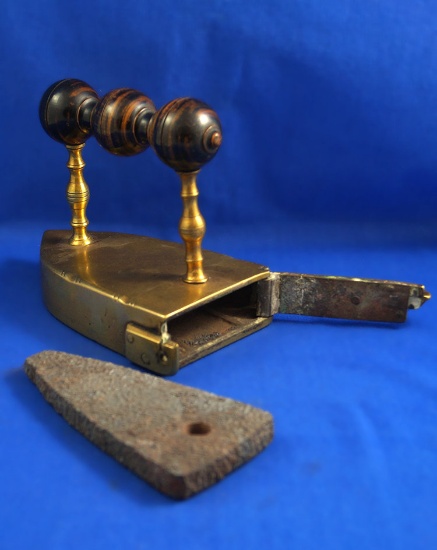 Box iron, brass, from a Danish castle, very fancy 3 knob handle, Ht 5 1/2", 6 1/4" long.