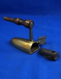 European all brass ox tongue iron, flip gate with slug, long wood handle, Ht 3
