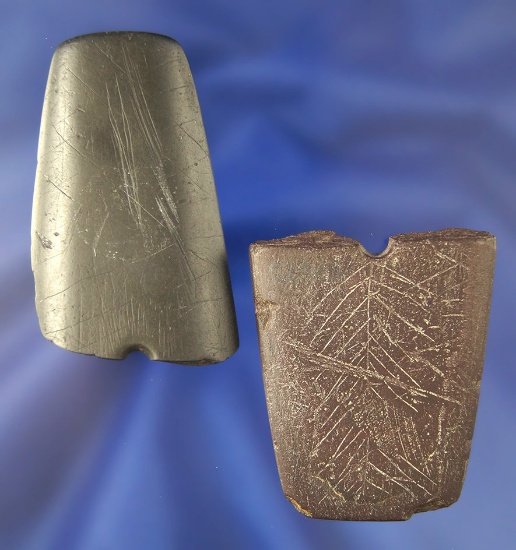Pair of engraved broken slate artifacts found in Darke Co., Ohio. Largest is 2 1/4".