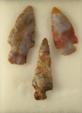 Set of 3 colorful Flint Ridge Flint Arrowheads, the Dovetail has a restored tip. Largest is 2 7/16