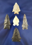 Set of 5 nicely styled Arrowheads, largest is 1 7/8