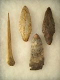 Set of 3 Flint Arrowheads and one Bone Awl, largest is 4 7/8