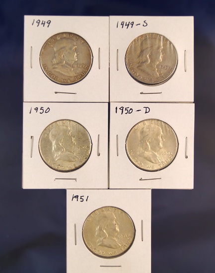 1949, 1949-S, 1950, 1950-D and 1951 Franklin Half Dollars VG-AU