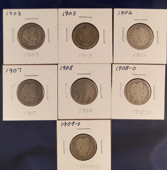 1903, 1905, 1906, 1907, 1908, 1908-O and 1909-S Barber Quarters AG-G