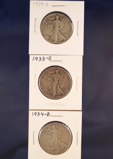 1929-D, 1933-S and 1934-D Walking Liberty Half Dollars VG-F