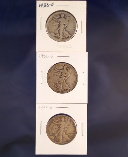 1933-S, 1935-S and 1939-D Walking Liberty Half Dollars G-F+