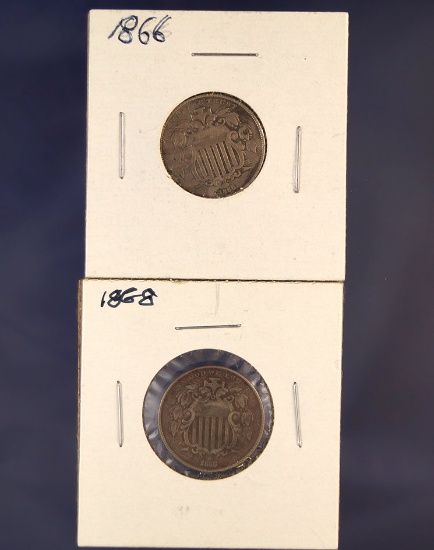 1866 With Rays and 1868 Shield Nickels F-VF Details