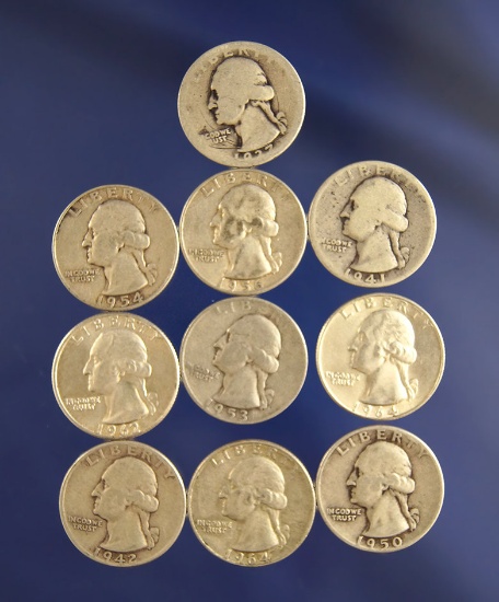 10 Washington Silver Quarters AG-AU