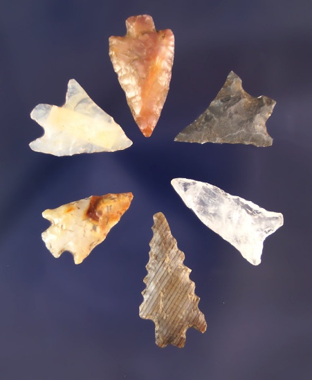 Set of 6 assorted Arrowheads found near the Columbia River and in Oregon, largest is 1"/