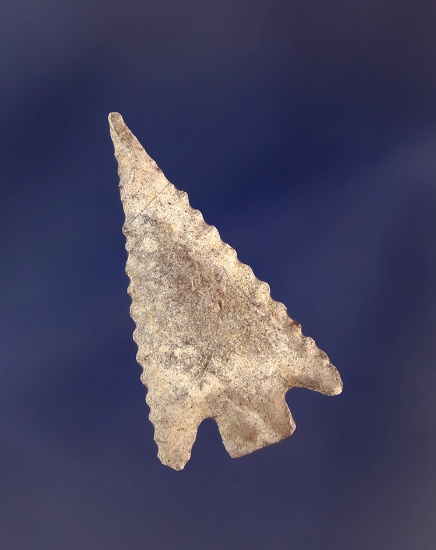 Very thin and heavily patinated 1 1/4" Cornernotch Arrowhead found in California.