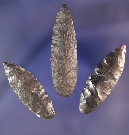 Set of 3 Obsidian Cascade Arrowheads found in Oregon. Largest is 1 7/8".