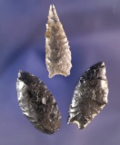 Set of three nice Obsidian Arrowheads found in Oregon and Nevada largest is 1 7/16