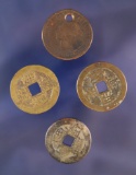 Set of 4 very old perforated coins, 3 oriental, 1 US - all found at a site near the Columbia River.