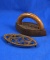 Small double point SAD iron, wood handle, star design on base, Ht 2 1/2