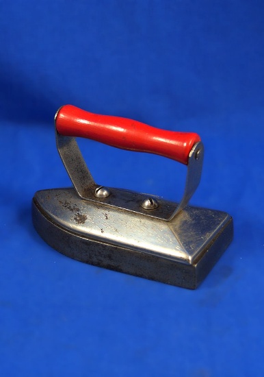 Small tailors iron, red wood handle, Ht 2 1/2", 4" long