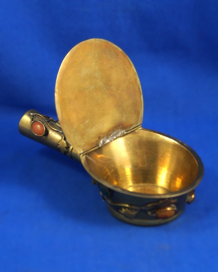 Oriental pan iron with hinged lid, brass, decorated with colorful stones, Ht 2", 6 1/2" long