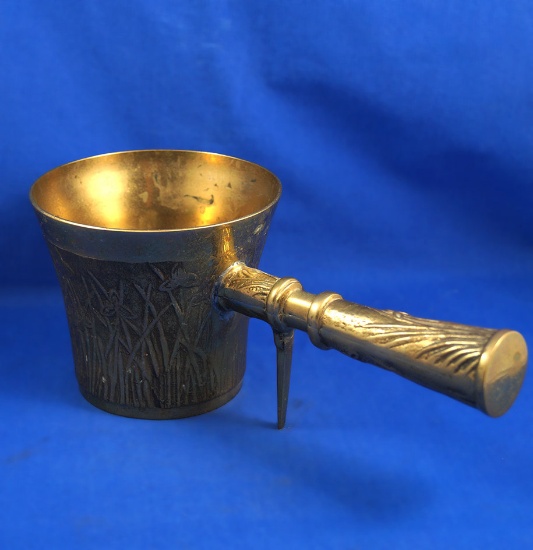 Oriental pan iron, decorative design, brass, Ht 4 1/2", 11" long