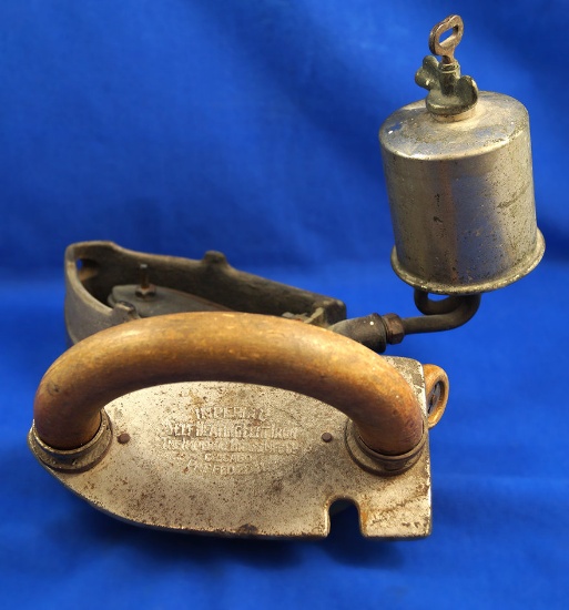 Antique Imperial Self-heating fuel SAD iron, pat Feb 28, 1911, Ht 5 3/4", base 6" long