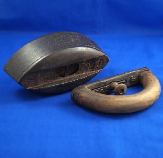 Sad iron, detachable wooden handle, "0", Ht 5", 6 7/8" long