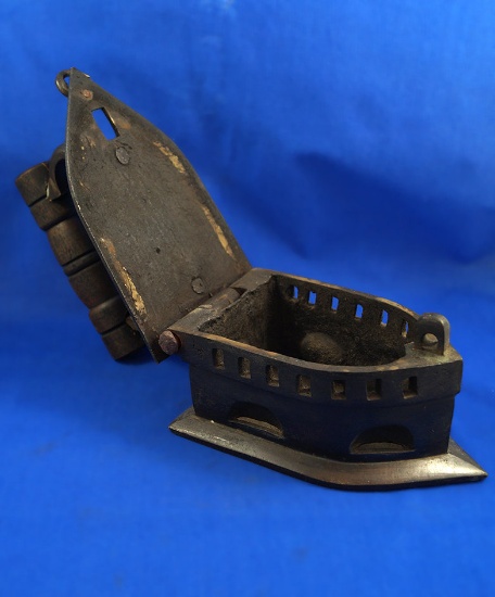 Charcoal iron, wood handle, cast iron, Ht 7 1/2", 7 1/4" long