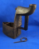 Charcoal iron with chimney, wooden handle, Ht 7 1/4