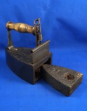 Box iron with slug, wooden handle, lift gate on back, Ht 6