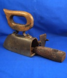 Ox tongue box iron with slug, rear flip door, wood handle, Ht 7 1/2