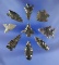 Set of nine assorted obsidian arrowheads found in California and Oregon. Largest is 1 1/8