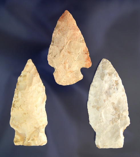 Set of three flint knives, largest is 3" found in Benton County Missouri. Ex. Reinking & Meadows.