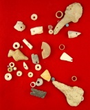 Nice assortment of flint artifacts, drilled stone, shell beads and stone fetish, largest is 2 7/16