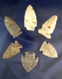 Set of six assorted Midwestern Arrowheads, largest is 1 7/8