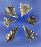 Set of six nice assorted obsidian arrowheads found in Oregon. Largest is 1 1/8