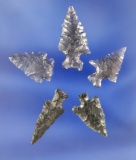 Set of five obsidian Arrowheads found in Oregon, largest is 1 3/16