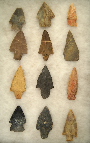 Set of 12 assorted Arrowheads found in Ohio, largest is 2 5/8"