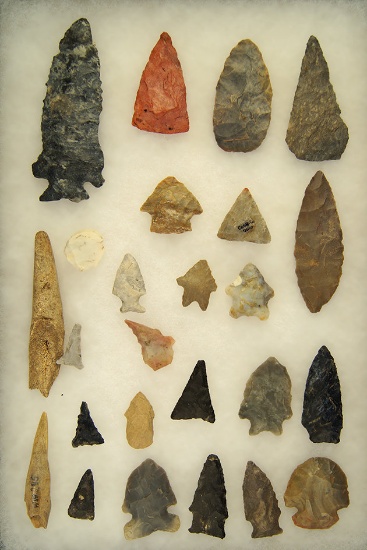 Group of assorted flint and bone artifacts found in Ohio, largest is 3 7/8".