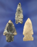 Set of 3 nice Ohio Arrowheads found in Ashland, Knox and Coshocton. Largest is 2 1/8