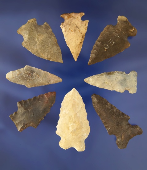 Set of 8 nice Arrowheads found in Ohio and Indiana, largest is 1 7/8".