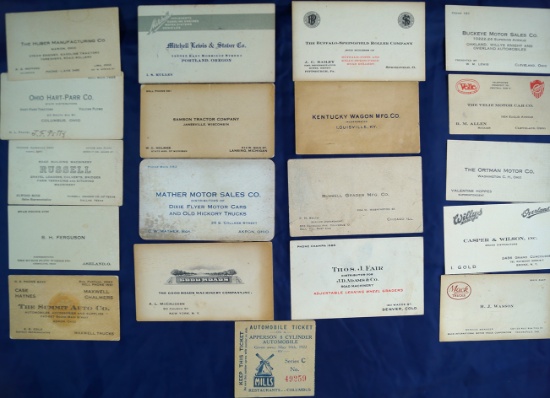 Set of 18 old business cards and one automobile give-away ticket from 1922 *See full description.