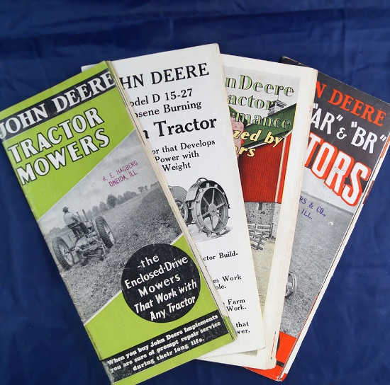 Set of 4 John Deere tractor brochures, Model D15-27, models AR & DR, model D, and mowers.